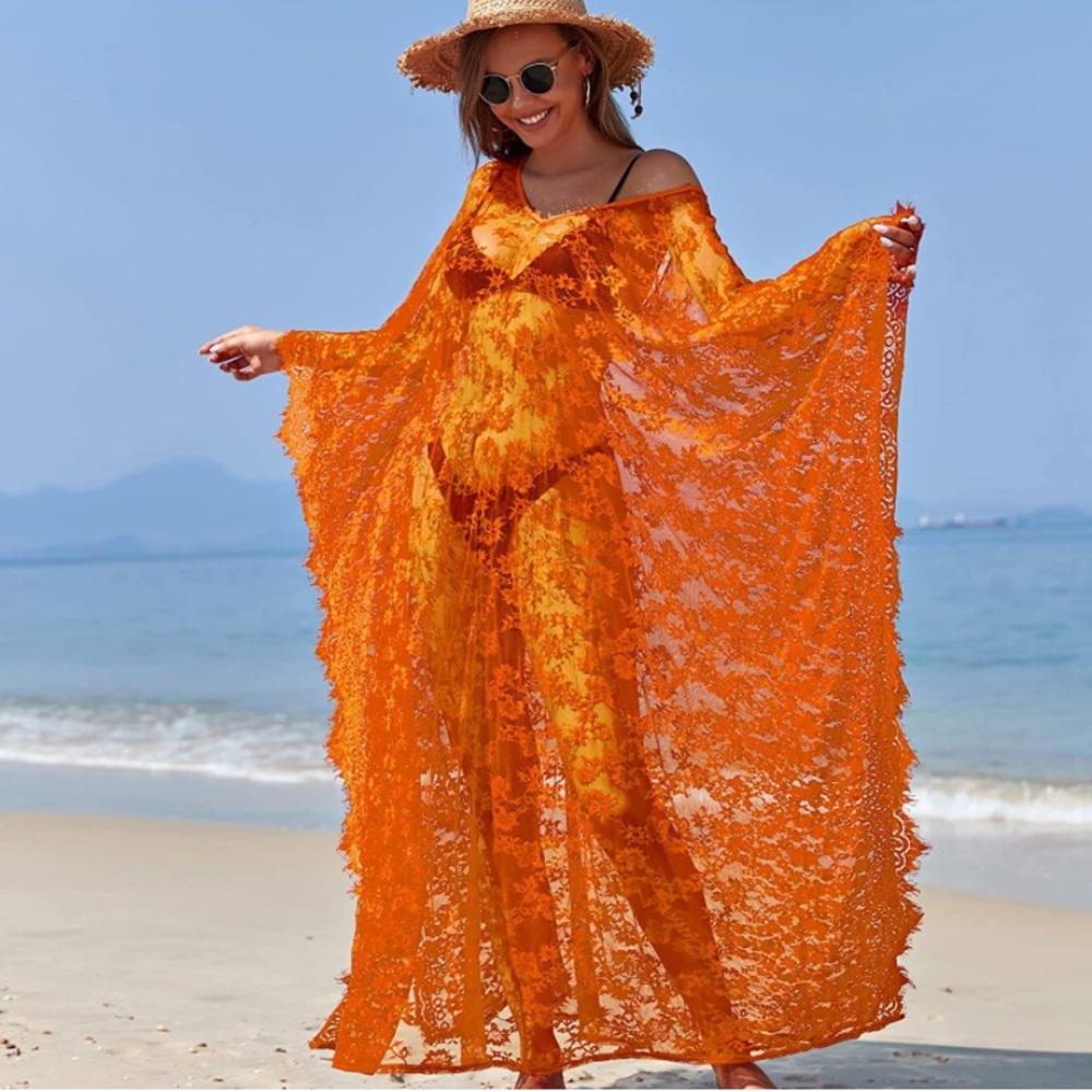 Cover up Robe Women Boho Beach Eyelash Lace Soft Thin Oversized Orange